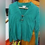 Charter Club  green V-neck sweater with a gold-tone toggle closure. Photo 3