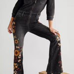 Free People Driftwood Farrah Denim Floral Embroidered Coveralls in Falling Sunflower Size: M Photo 0
