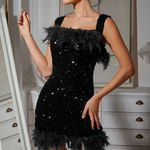 Off Shoulder Sequin Feather Mini Dress Flaxmaker NWOT Black Size M Photo 0