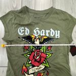 Ed Hardy NWT  women's Anchor Rose Olive T-shirt rhinestoned size medium Photo 3