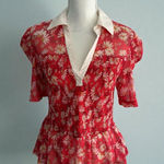 Maeve Red Floral Collared Smocked Blouse Size Medium Photo 0