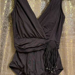 Badgley Mischka  Dark Brown Beaded Tassel Surplice One Piece Swimsuit 8 Photo 0