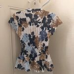 Allison Taylor Blue white brown floral ruffle shirred top fitted shirt Photo 2