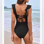 None NEW Black Ruffle V Neck Backless Bandage Belt 1 Pc Swimsuit L Photo 1