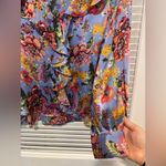 ZARA Blue Floral Print Ruffle Front Long Sleeve V-Neck Blouse Size Large Photo 3