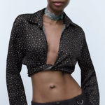 ZARA Women Black Polka Satin Effect Long Sleeves Bohemian V-Neck Tied Top Sz M Photo 0