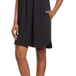 Bobeau Stretch Crepe Pleat Front Curved Hem Black Shirt Dress Size Medium Photo 0