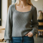 H&M Square Neck Balloon Sleeve Light Gray Ribbed Sweater NWOT Size Large Photo 0