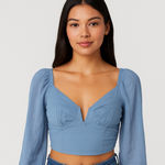 LA Hearts L.A. Hearts Blue Bustier Crop Top XS Long Sleeve Smocked Back V Neck Photo 0