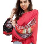 Free People  We the Free Women Small Blossom Thermal Top Red Bandana Sleeves Boho Photo 3