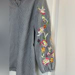 Talbots  Cotton Shirt Gray White Stripe Embroidered Sleeves L Tunic Tee Boho Photo 1