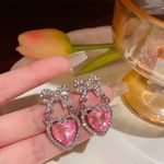 Pink Heart Bow Drop Earrings Silver Tone Crystal Accents NWT Photo 3