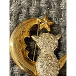 Vintage AAI Cat On The Crescent Moon Brooch Pin Two Tone Silver Gold Rhinestone Photo 2