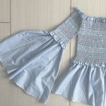 Central Park West Smocked Off the Shoulder Bell Sleeves Top Sz XS Blue White Photo 4