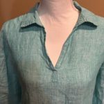 Tahari  100% Linen V Neck Top-Turquoise-Mother of Pearl Button Accents Size Small Photo 6