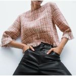 ZARA  Womens Tweed Fringe Cropped Top Pink White Size Large Photo 0