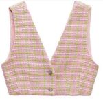 ZARA NWT Vest Tweed Cropped Pink Green Plaid S Pastel Y2K Festival Preppy Chic Photo 10