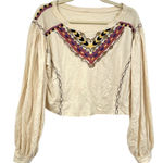 Free People  Cream Embroidered Boho Cropped Balloon Sleeve Blouse Womens S Fall Photo 0