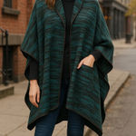 Soft Surroundings teal & charcoal knit poncho – one size cozy fall wrap Green Photo 0