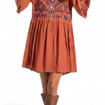 Umgee  Floral Embroidered Bell Sleeve Babydoll Mini Dress Womens M Rust Western Photo 0