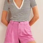 Boden Casual 100% Cotton Pleat Front Cuffed Relaxed Fit Shorts Pink Size 14 NWT Photo 0