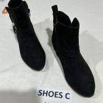 SO Womans  Wms Size 8 M Black Suede Bootie Side Zip Strap Buckle Photo 0