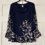 Chico's  Size 2 Navy Blue Floral Blouse Ruffle Statement Bell Sleeves Chico Large Photo 0
