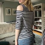 retro cold shoulder striped 3/4 sleeves shirt Blue Photo 2
