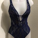 Becca NWOT  Wanderlust Color Play One Piece Swimsuit Navy blue mesh bodysuit bikini swimwear with cut out back and tie up detail Photo 2