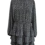 EXPRESS  Black & White Speckled Smocked Mock Neck Tiered Ruffle Mini Dress Size L Photo 0