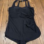 Lands' End  Womens Solid Black Halter One Piece Skirted Swim Suit Size 16P Petite Photo 0
