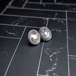 Vintage Stud Earrings Clear Gem Oval with Silver Tone Halo Photo 1