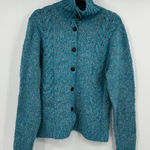 L.L.Bean Women Med Teal Blue Cable Knit Turtleneck Button Up Cardigan Sweater Photo 0