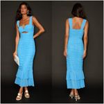 Lulus LULU’S Aelara Turquoise Mesh Ruched Trumpet Midi Dress Photo 1