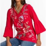 Johnny Was Freyde Women's M Red T-Shirt Floral Embroidered Bell Sleeve Boho Photo 0