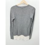 Loft Sweater Women SMALL Grey White Eyelet Embroidered Hem Long Sleeve Knit Photo 1