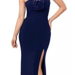 XScape Women's Rosette Halter Gown Sleeveless Front slit Formal Dress Navy 10 Photo 0
