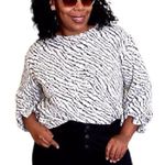 Sharagano Zebra Print Hacci Blouse Cream Off White Black Animal Long Sleeve Top Photo 2