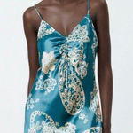 ZARA Blue & White Satin Effect Paisley Mini Slip Dress Womens XS Y2K Retro Photo 0