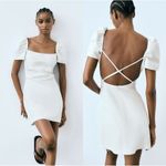 ZARA  Blogger Fave Linen Blend White Puff Sleeve Strappy Back Mini Dress SZ L NEW Photo 2