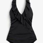 White House | Black Market NWT WHBM Ruffled Neckline Halter One Piece Swimsuit in Black Photo 2
