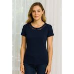 Marc’s Navy Blue Lace Neckline Top | Short Sleeve Viscose Tee Size S Blue Photo 2
