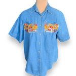 Vintage 90s Chambray Denim Shirt Blue Floral Embroidered Sunflower Butterfly Top Size L Photo 5