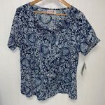 Blue Floral Short Sleeve Button Down Top Ruched Sleeves Pappagallo Casuals Size L Photo 0