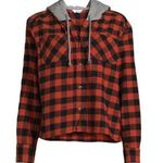 Time And Tru Womens Flannel Hoodie Shirt Cropped Size Medium 8-10 Pockets New Photo 0