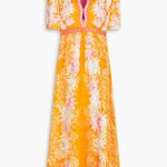 SALONI Tabitha Floral Print Silk Midi Dress Size 4 Orange Photo 4