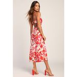 Lulu’s Front Page Hues Coral Multi Floral Print Satin Midi Dress Size Medium Orange Photo 1