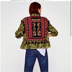 ZARA Womens Camo Embroidered Pompom Tassel Frayed Hem Peplum Jacket Green XS Photo 1