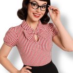 Tatyana Red White Striped Bow Blouse Retro Quirky Puff Sleeve Top Whimsical Photo 0