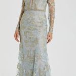 Mac Duggal Long Formal Dress 11165 Long Sleeve Applique V-Neck Gown Blue Gold 2 Photo 0